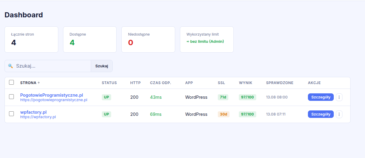 Panel MonitorWWW — lista monitorowanych stron ze statusem, SSL i wynikiem bezpieczeństwa